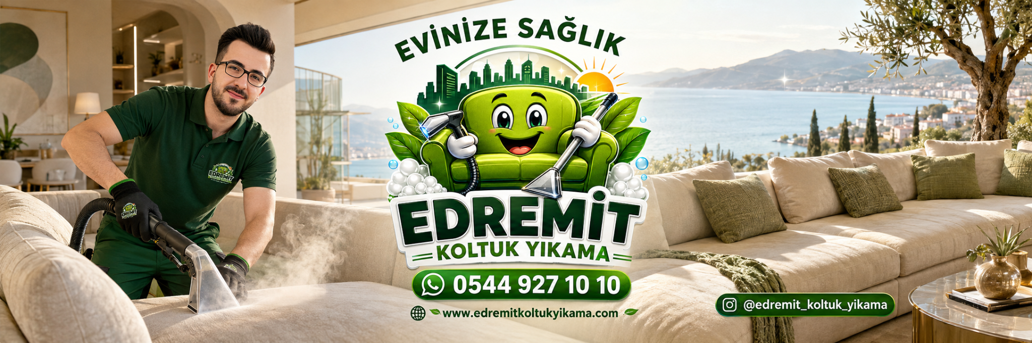 Edremit Körfezi manzarası önünde koltuk temizleyen Edremit Koltuk Yıkama çalışanı, firma logosu, telefon ve Instagram bilgileri